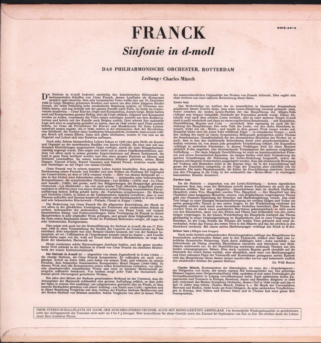 Charles Munch / Rotterdam Philharmonic Orchestra - Franck - Symphonie En Ré Mineur / Symphonie In d-moll - Lp