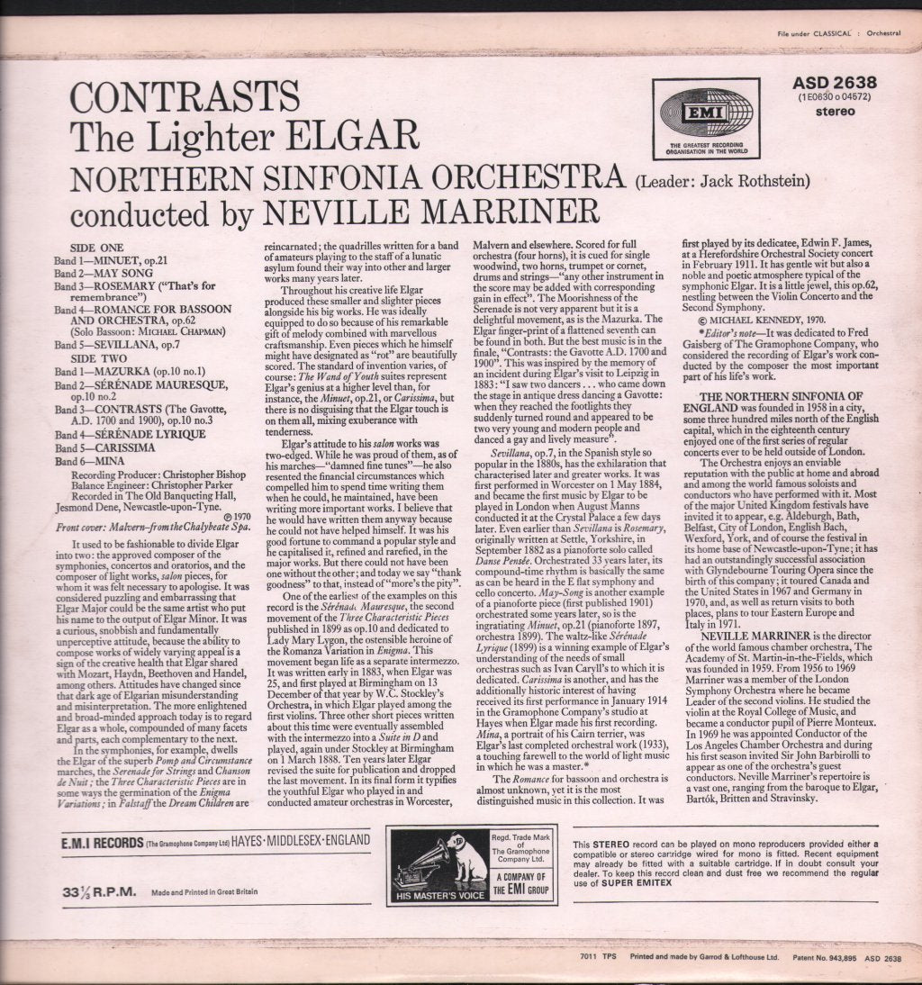 Neville Marriner / Northern Sinfonia Orchestra - Contrasts - The Lighter Elgar - Lp