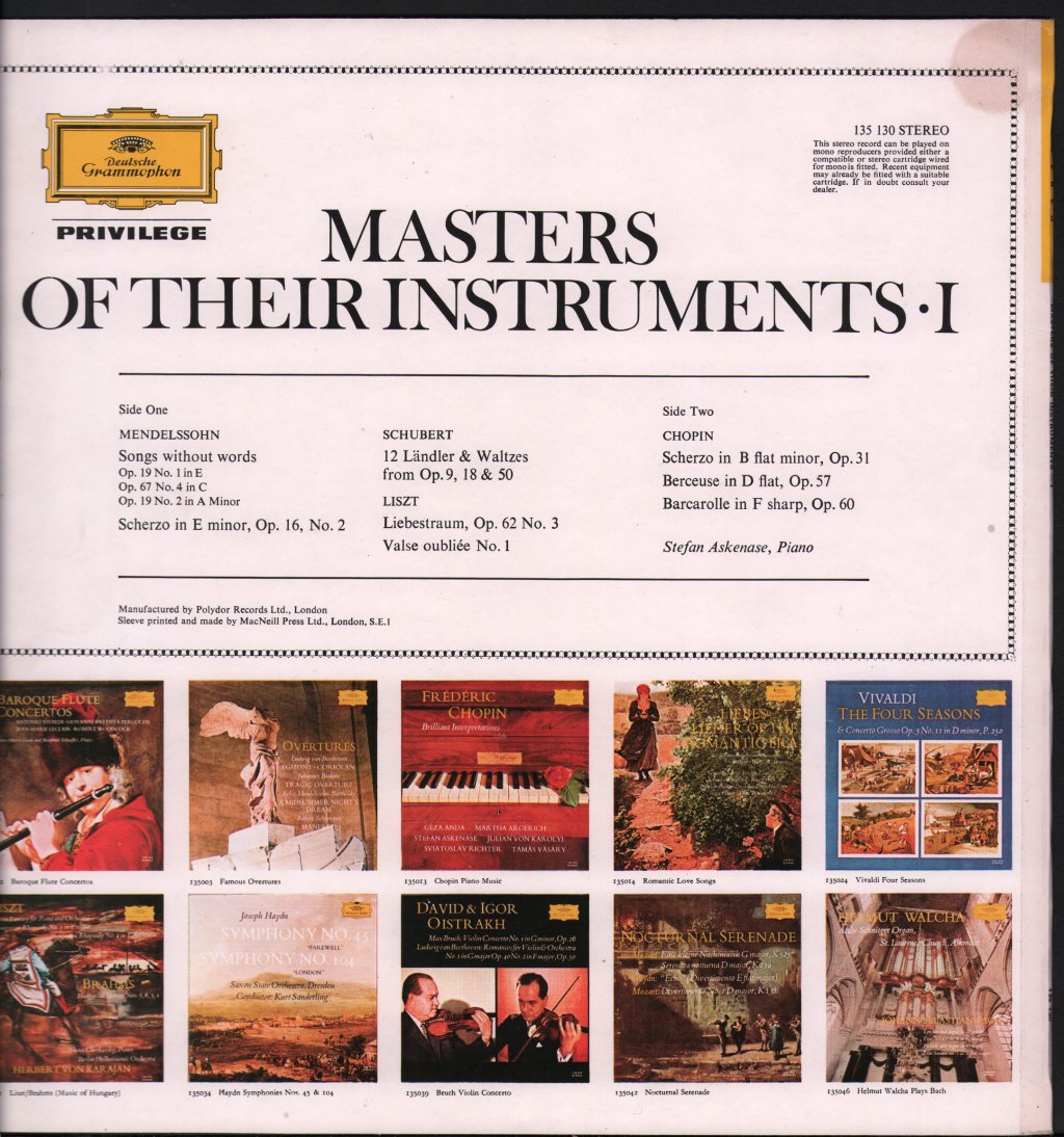Stefan Askenase - Masters Of Their Instruments I - Stefan Askenase Plays Mendelssohn / Schubert / Liszt / Chopin - Lp