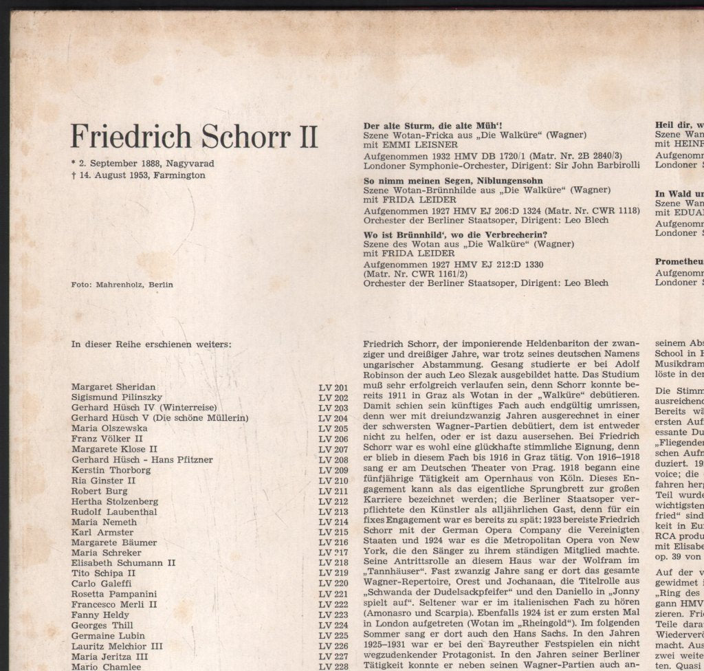 Friedrich Schorr - Lebendige Vergangenheit - Friedrich Schorr II - Lp