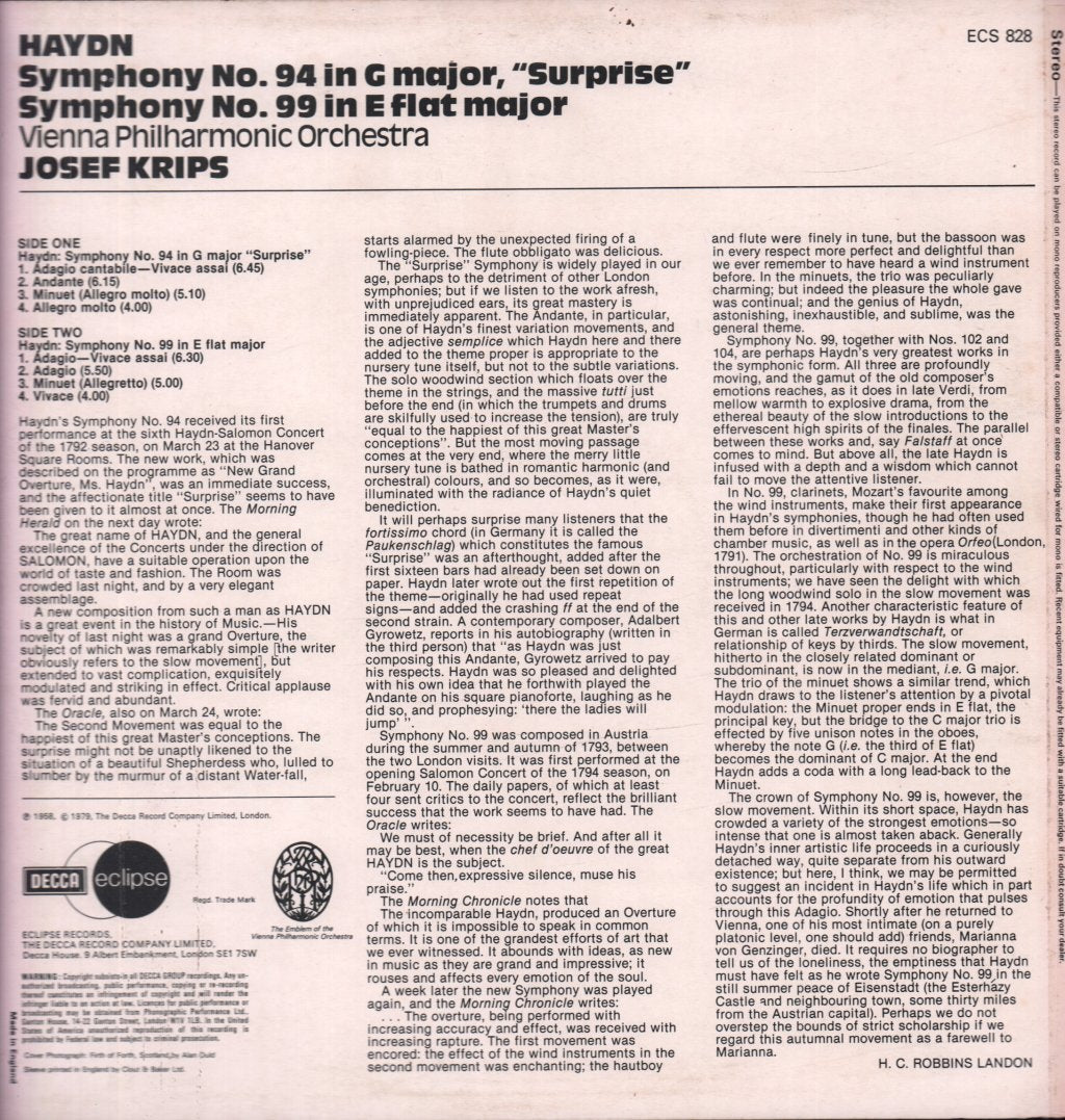 Vienna Philharmonic Orchestra - haydn Symphonies No. 94 Surprise & 99 - Lp