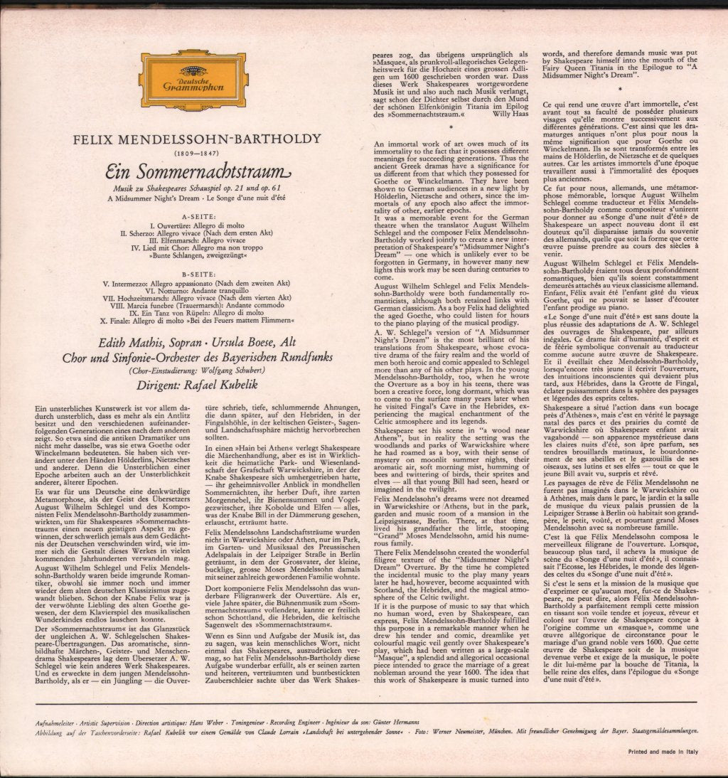 Rafael Kubelik / Orchester Des Bayerischen Rundfunks - Mendelssohn-Bartholdy - Ein Sommernachtstraum - Lp