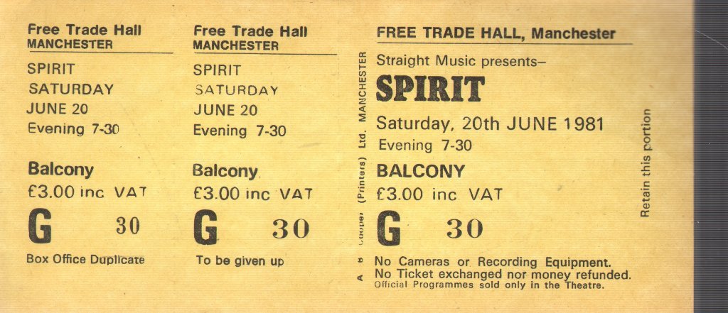 Spirit - Free Trade Hall Manchester 20Th June 1981 - Ticket
