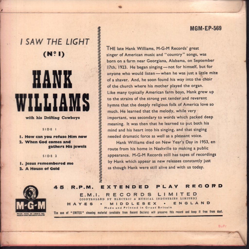 Hank Williams With His Drifting Cowboys - I Saw The Light (No. 1) - 7 Inch