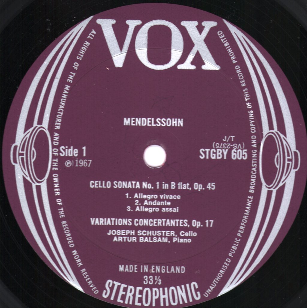 Joseph Schuster / Artur Balsam - Mendelssohn Cello Sonatas - Lp