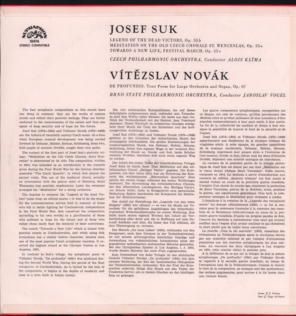 Czech Philharmonic Orchestra / Klima / BRNO State Philharmonic Orchestra / Vogel - Suk - War Triptych / Novak - De Profundis - Lp