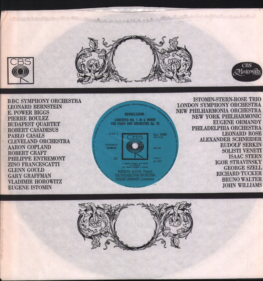 Rudolf Serkin / Eugene Ormandy / Philadelphia Orchestra / Columbia Symphony Orchestra - Mendelssohn - Concerto No. 1 In G Minor / Concerto No. 2 In D Minor - Lp