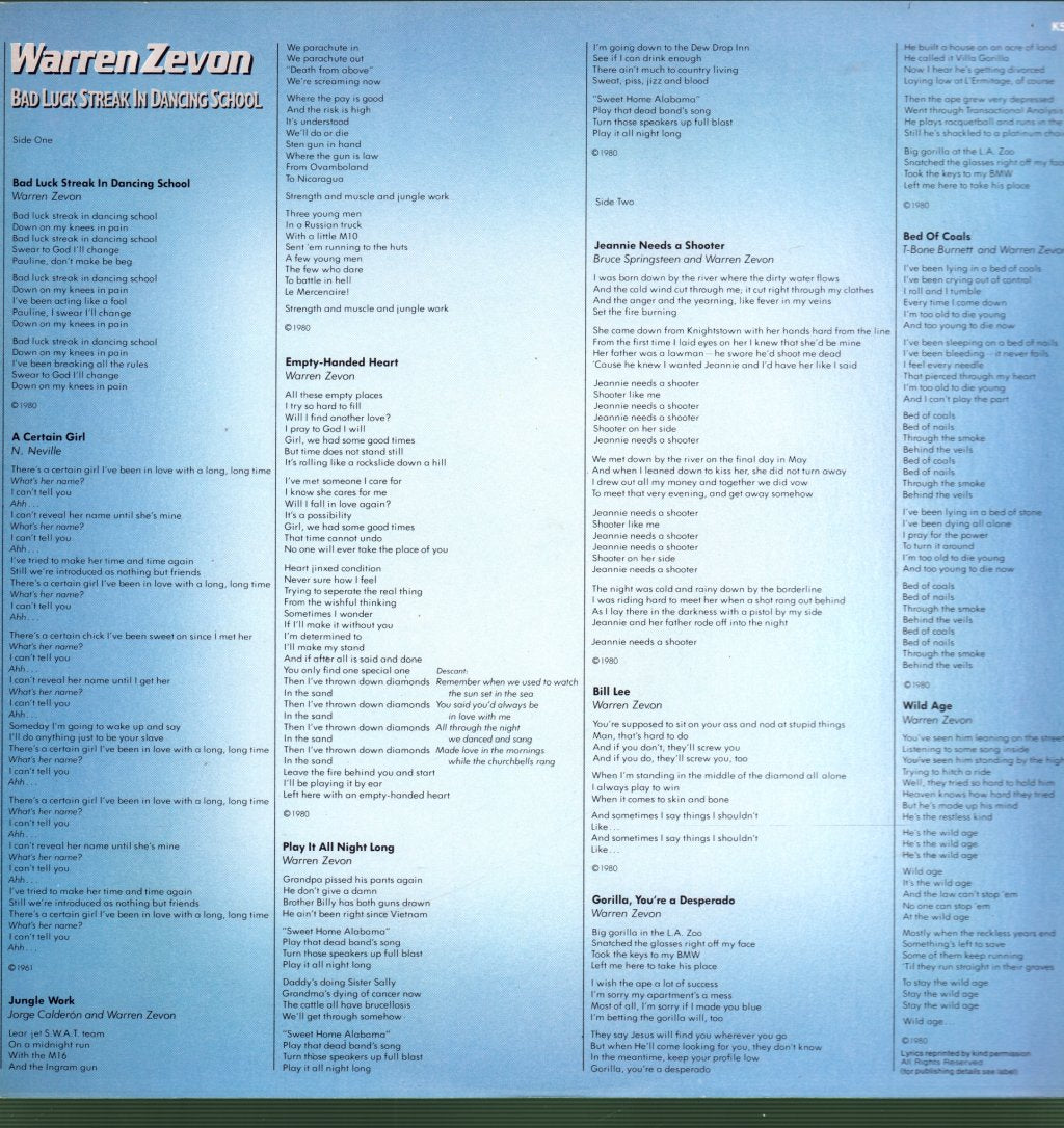 Warren Zevon - Bad Luck Streak In Dancing School - Lp