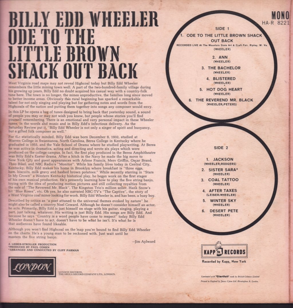 Billy Edd Wheeler - Ode To The Little Brown Shack Out Back - Lp