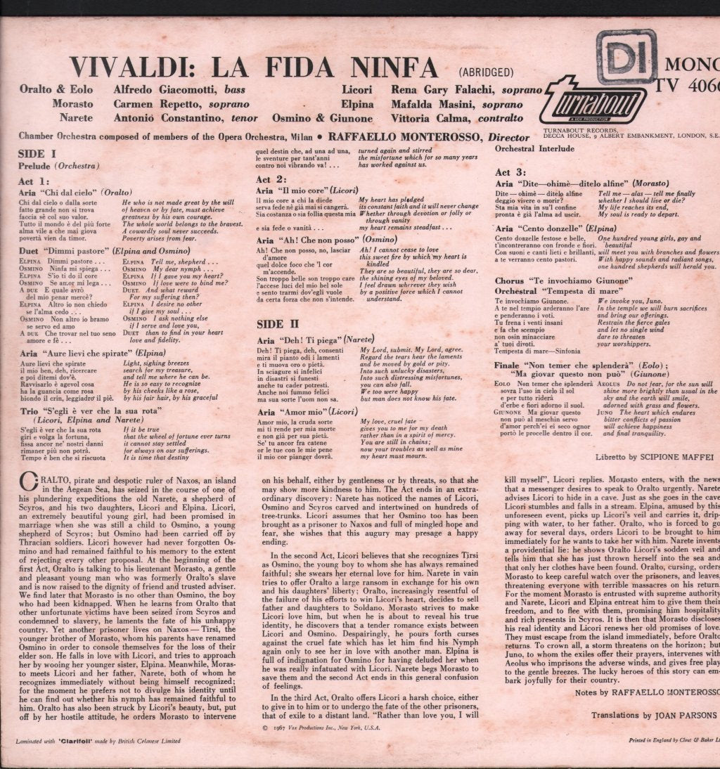 Raffaello Monterosso / Chamber Orchestra / Members Of The Opera, Milan - Vivaldi - La Fida Ninfa (Abridged) - Lp