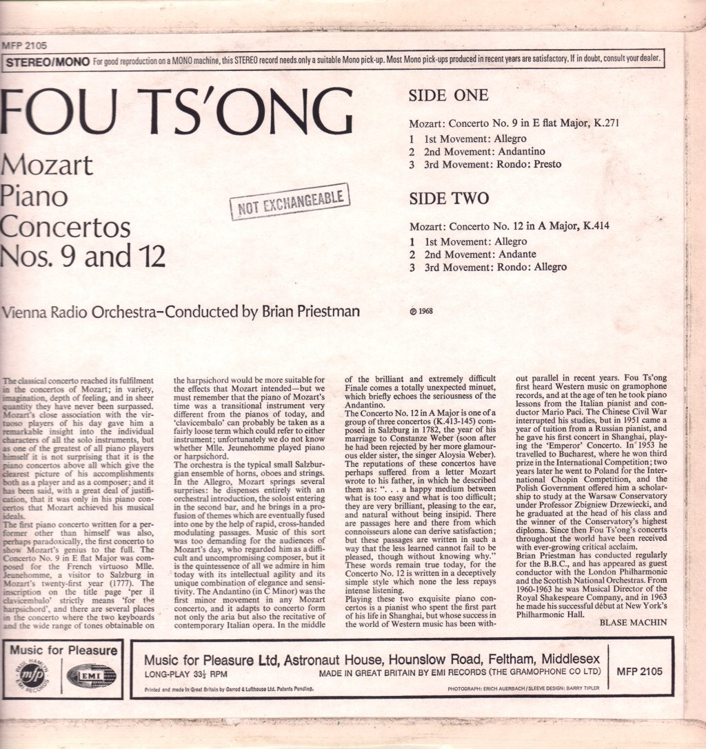 Fou Ts'ong - Mozart - Piano Concertos Nos 9 & 12 - Lp