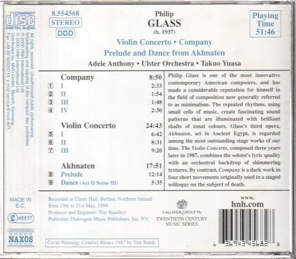 Adele Anthony, Ulster Orchestra, Takuo Yuasa - Philip Glass - Violin Concerto • Prelude And Dance From Akhnaten • Company - Cd