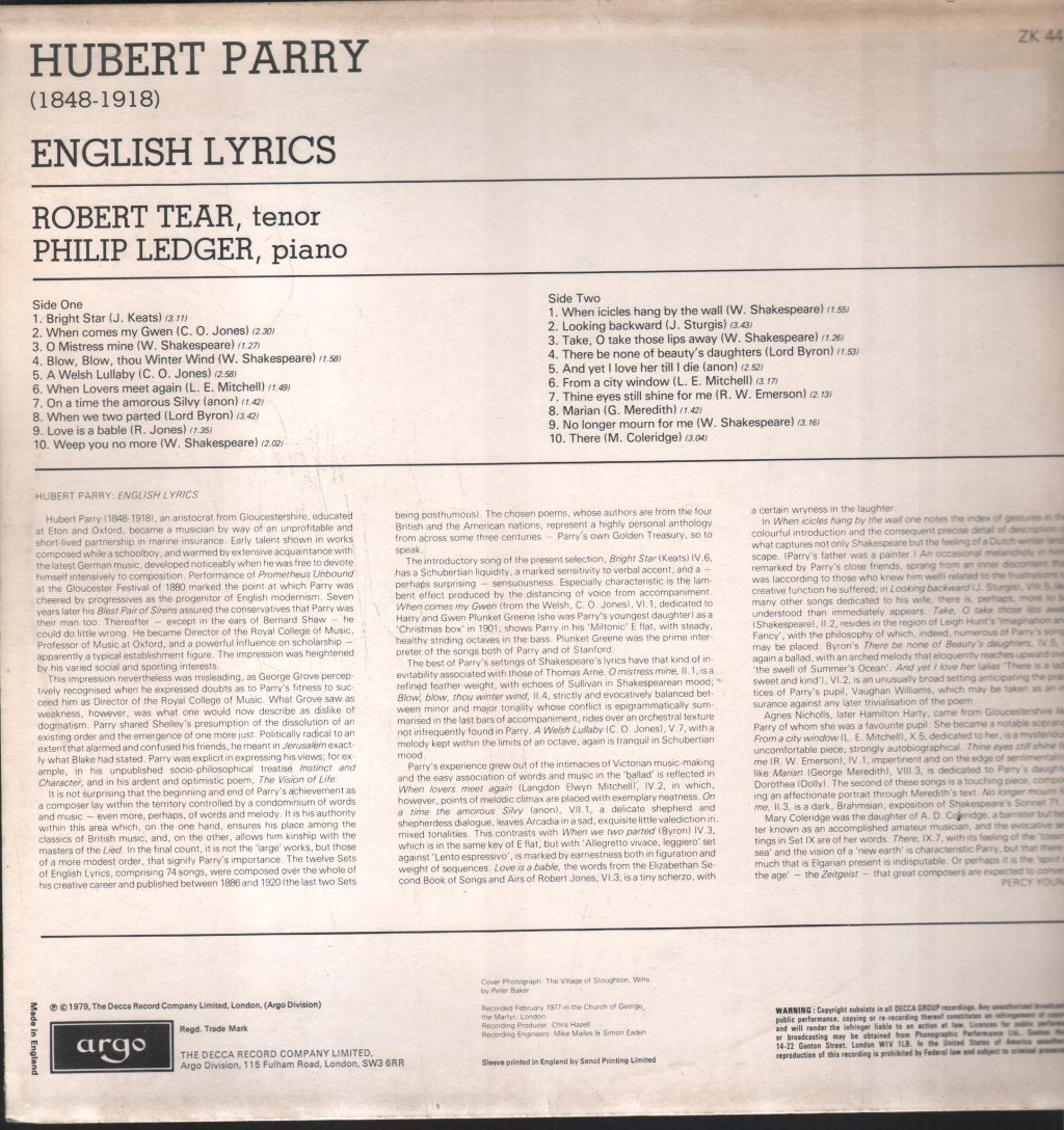 Robert Tear And Philip Ledger - Parry English Lyrics - Lp