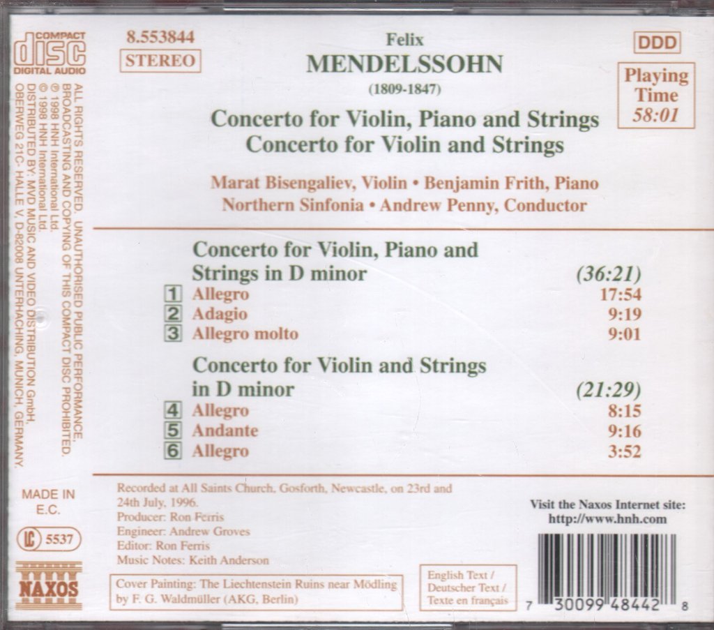 Marat Bisengaliev / Benjamin Frith / Northern Sinfonia / Andrew Penny - Mendelssohn - Concerto For Violin, Piano And Strings - Cd