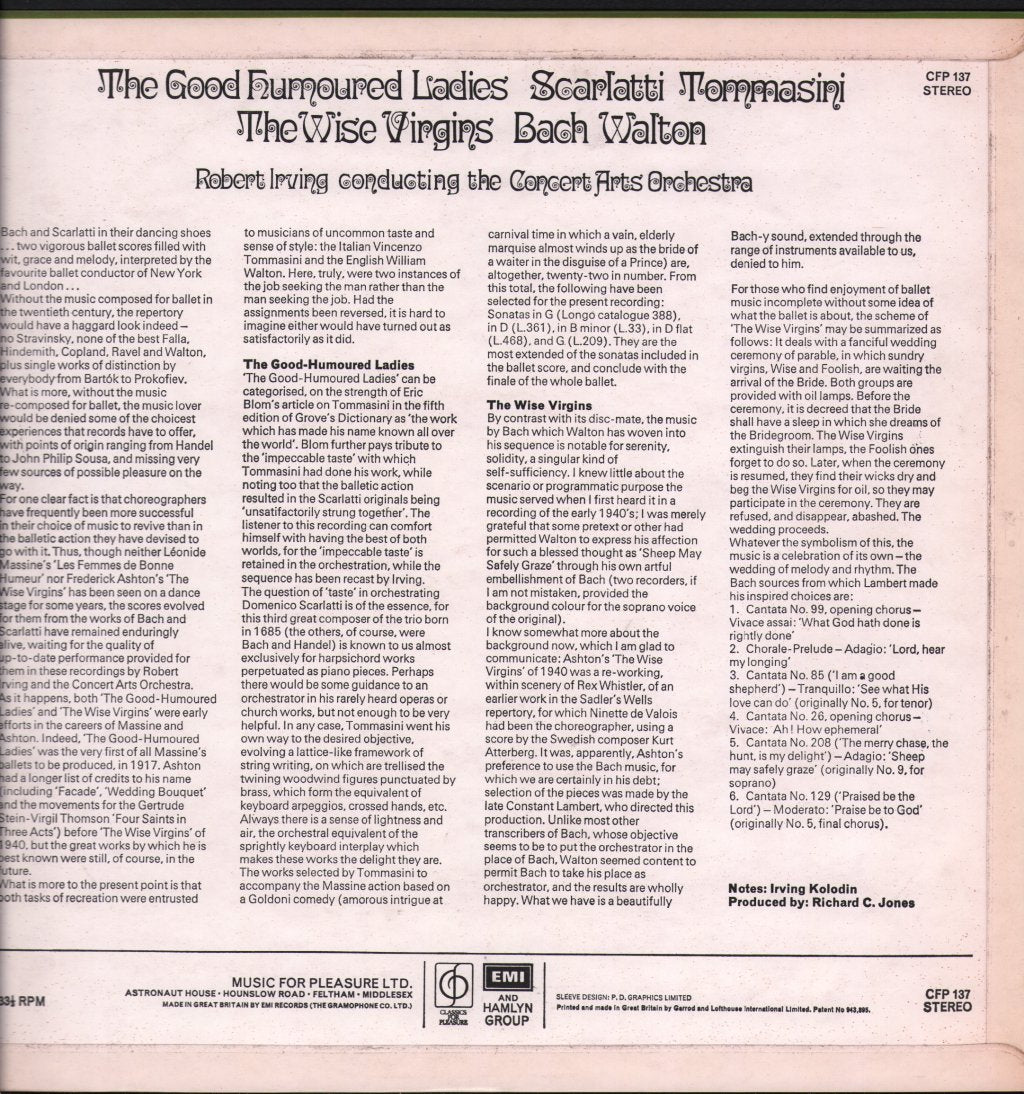 Robert Irving / Concert Arts Orchestra - Scarlatti / Tommasini - Good Humoured Ladies / Bach - The Wise Virgins - Lp