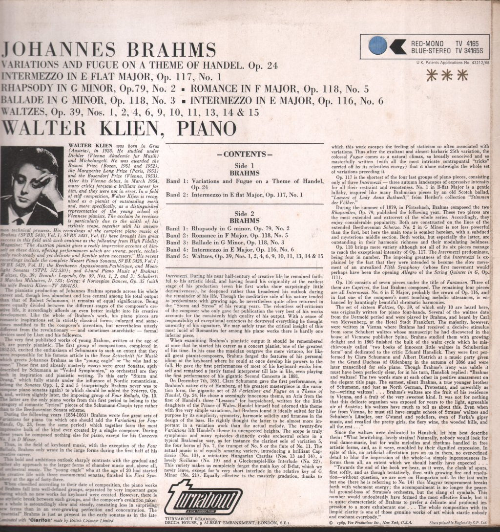 Walter Klien - Brahms - Handel Variations, Waltzes & Other Piano Music - Lp