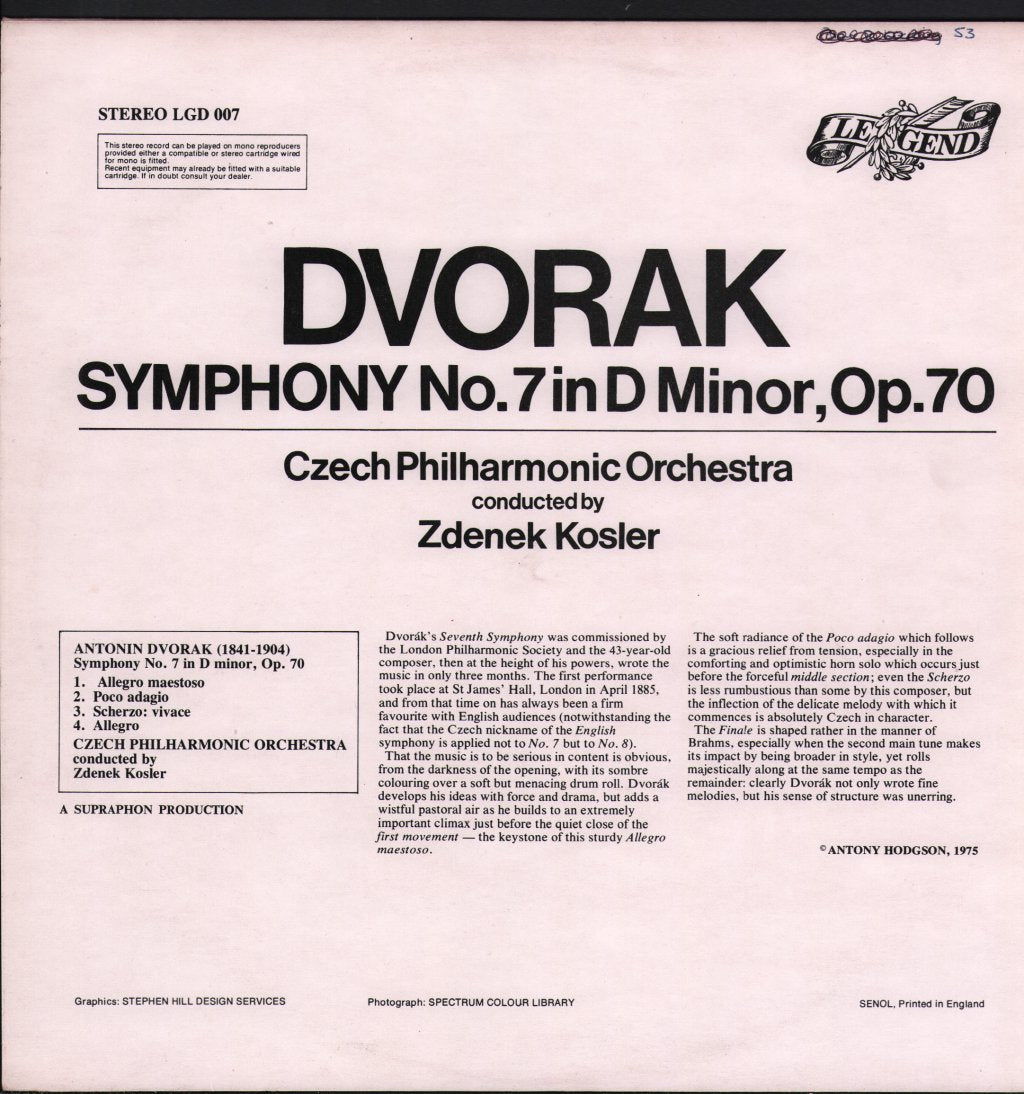 Czech Philharmonic Orchestra / Zdenek Kosler - Dvorak - Symphony No. 7 In D Minor, Op. 70 - Lp