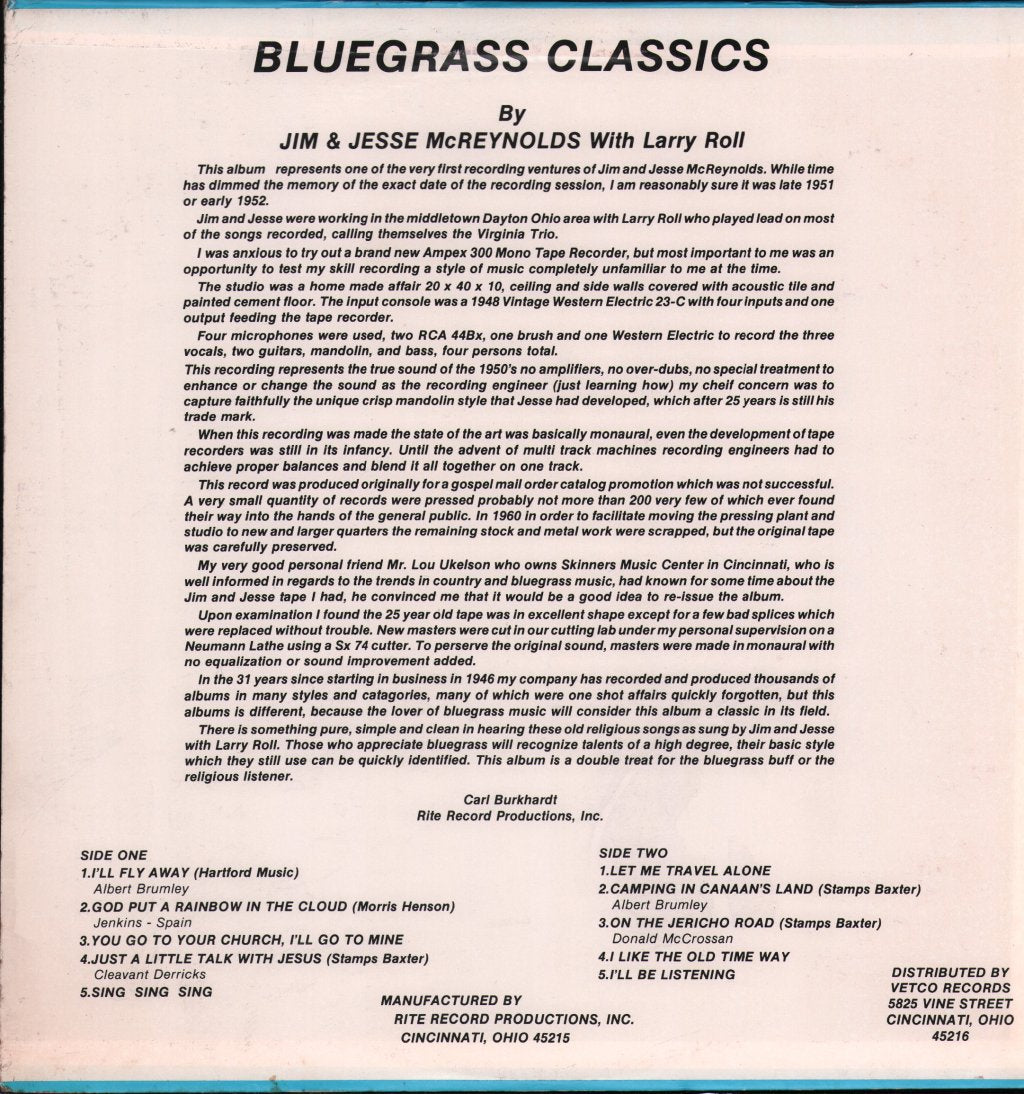 Jim & Jesse McReynolds With Larry Roll - Early Recordings Of Jim & Jesse McReynolds With Larry Roll - Lp