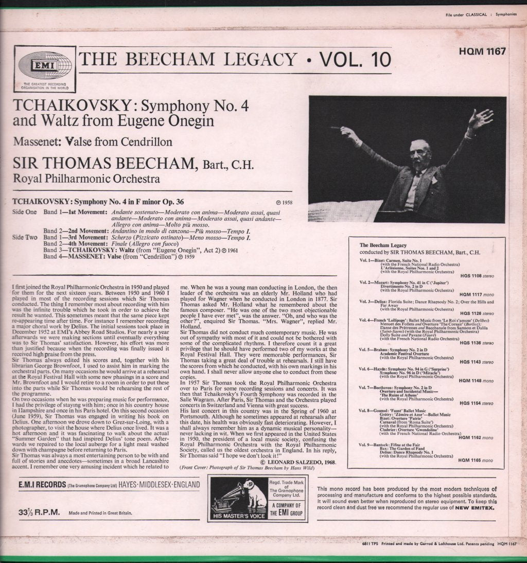 Sir Thomas Beecham / Royal Philharmonic Orchestra - Beecham Legacy Volume 10 - Tchaikovsky Symphony No.4 - Lp