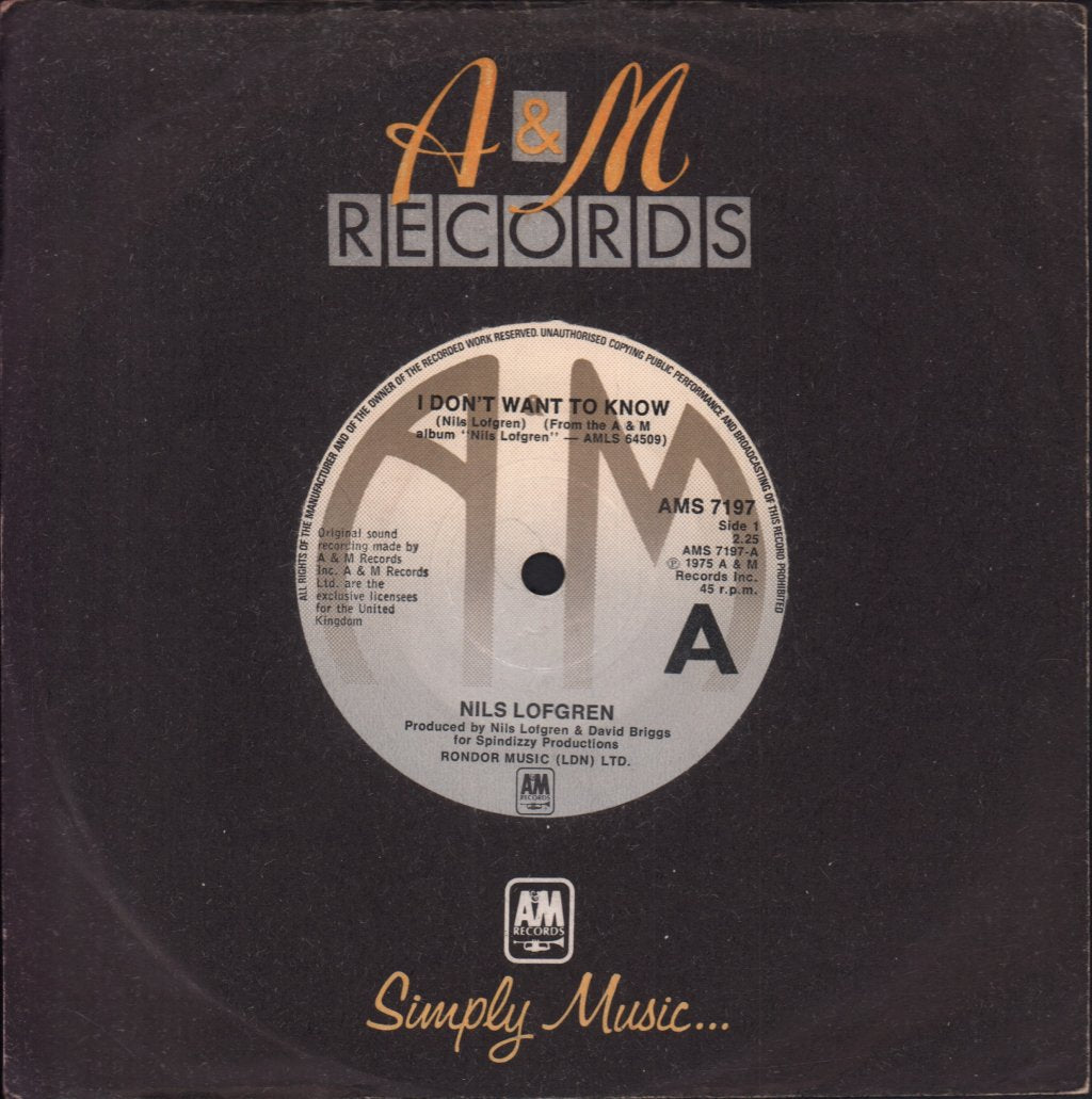 Nils Lofgren - I Don't Want To Know - 7 Inch