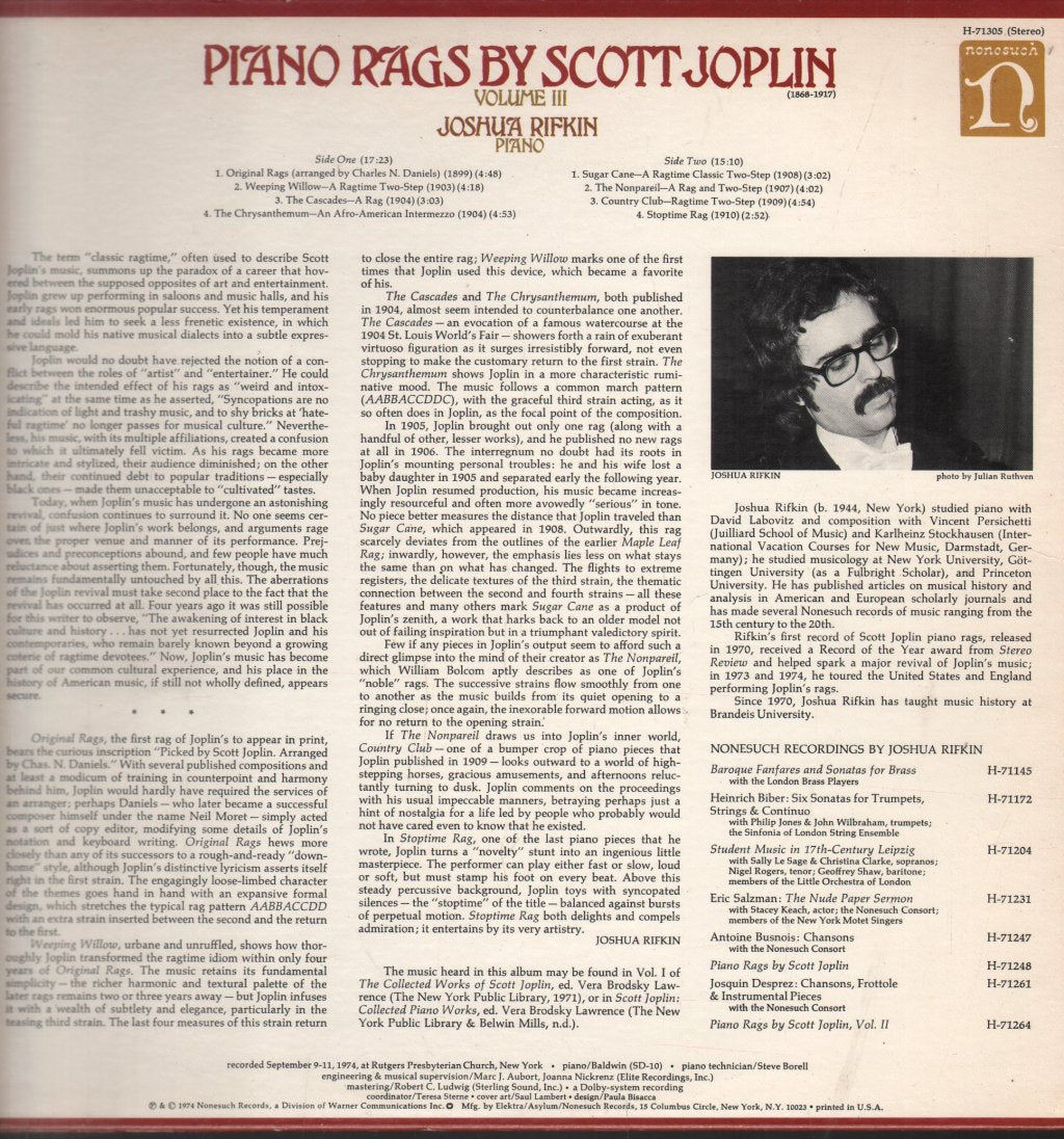 Joshua Rifkin - Piano Rags - Volume III - Lp