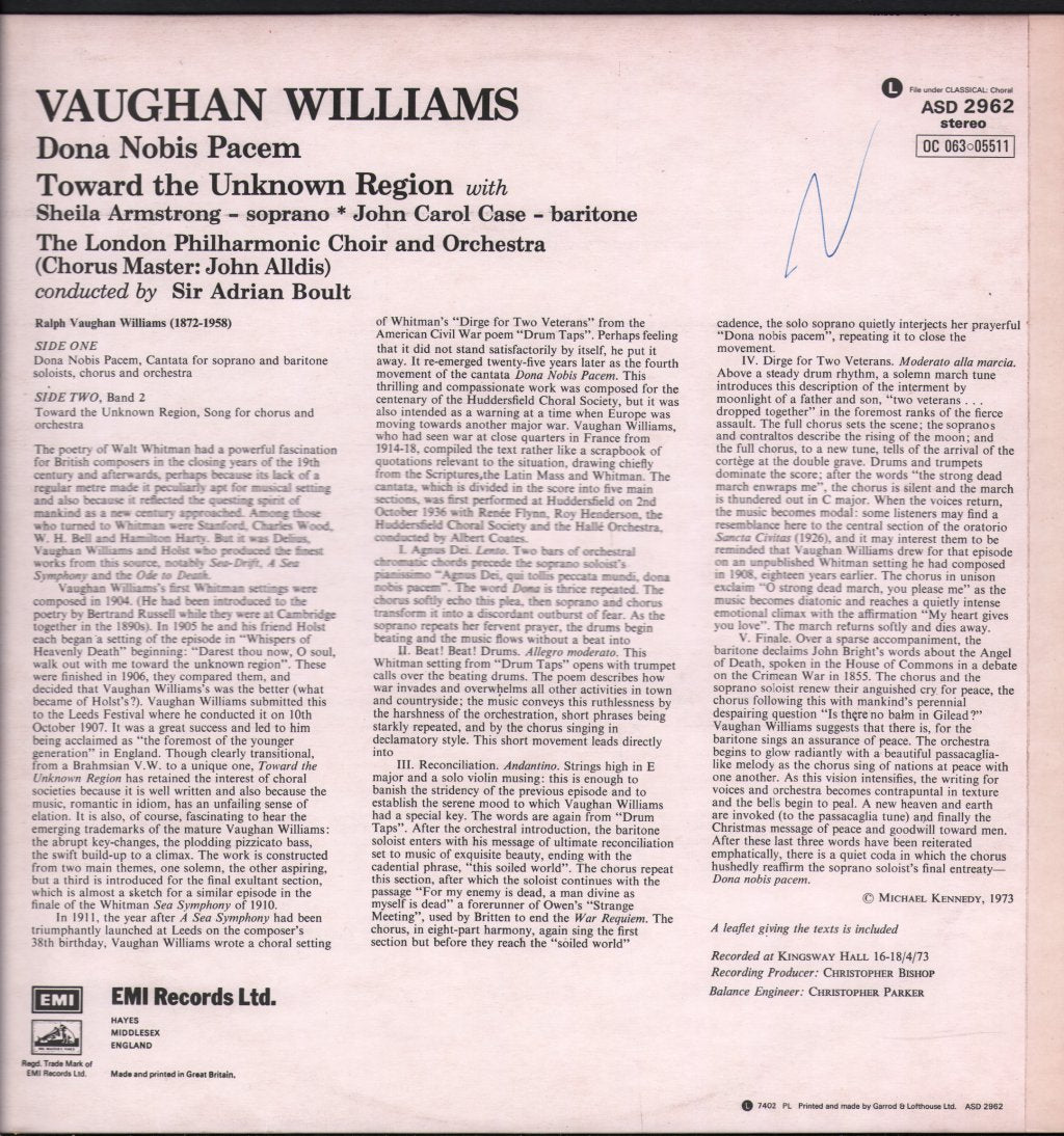 Sir Adrian Boult / London Philharmonic Orchestra & Choir - Vaughan Williams - Dona Nobis Pacem / Toward The Unknown Region - Lp
