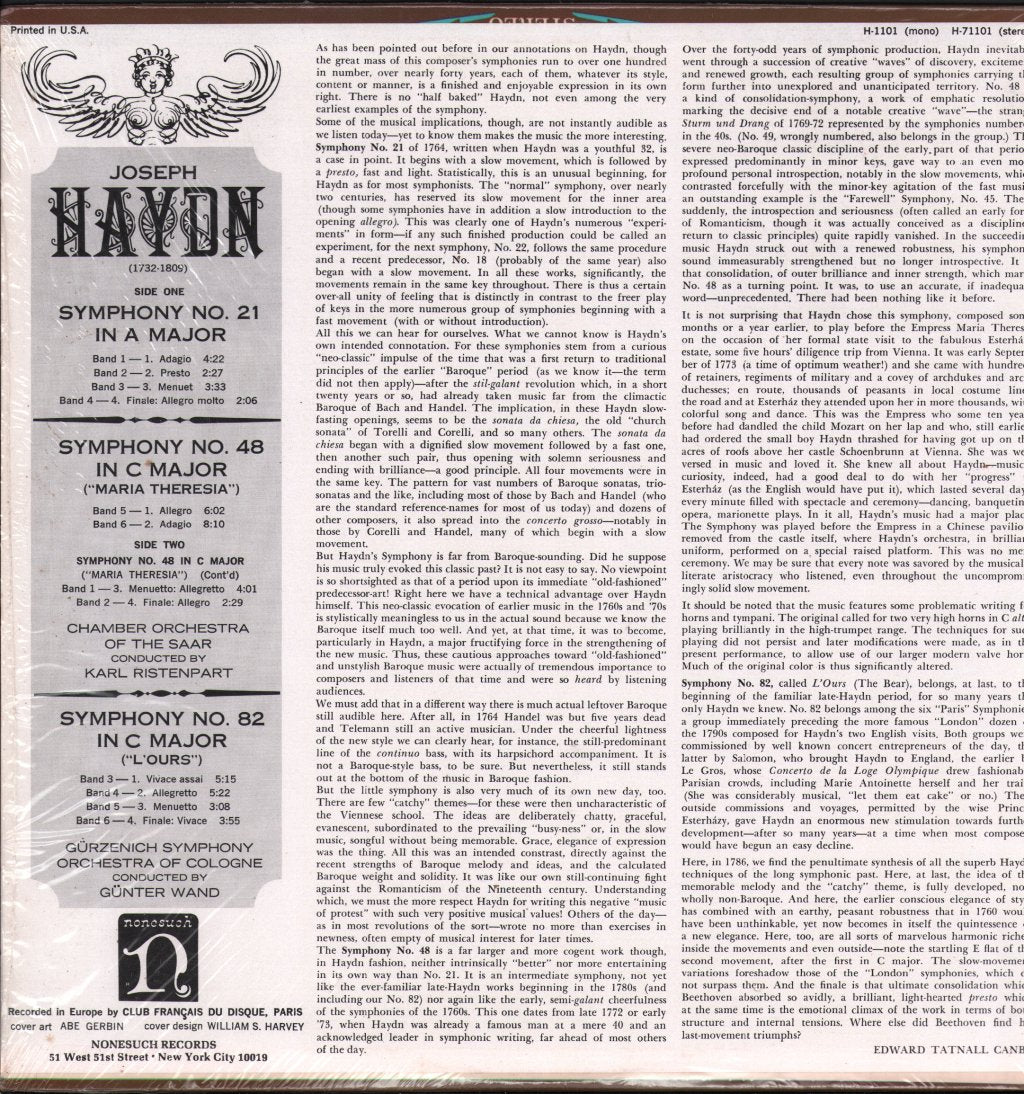 Chamber Orchestra Of The Saar / Karl Ristenpart / Gurzenich Symphony Orchestra Of Cologne / Gunter Wand - Joseph Haydn - Symphony No. 21 In A Major / Symphony No. 48 In C Major - Lp