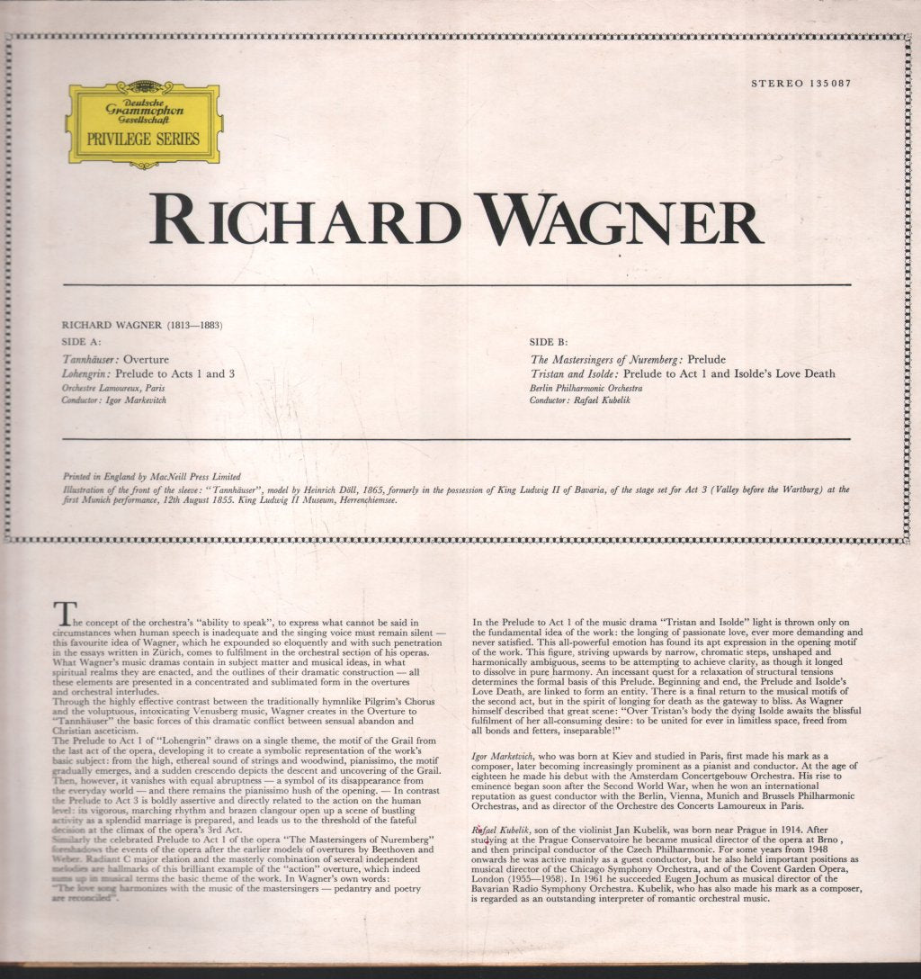 Igor Markevitch / Orchestre Lamoureux / Rafael Kubelik / Berlin Philharmonic - Richard Wagner - Opera Preludes - Lp