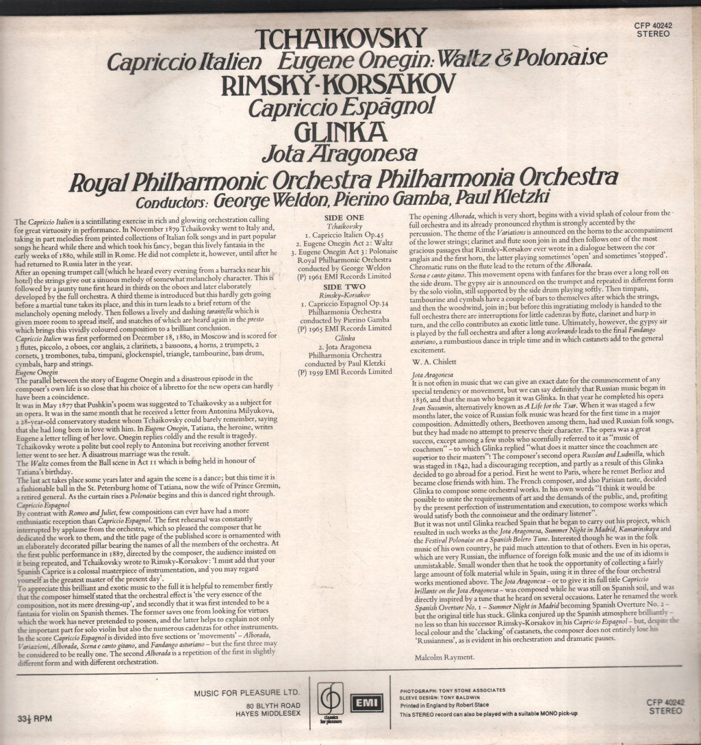 Royal Philharmonic Orchestra / Philharmonia Orchestra / George Weldon / Pierino Gamba / Paul Kletzki - Tchaikovsky - Capriccio Italien / Eugene Onegin: Waltz & Polonaise - Lp
