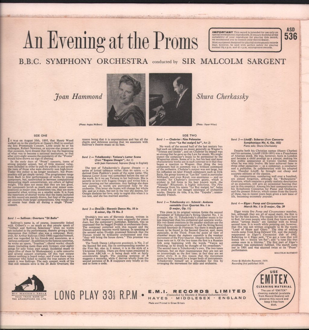 Sir Malcolm Sargent / BBC Symphony Orchestra / Joan Hammond / Shura Cherkassky - An Evening At The Proms - Lp