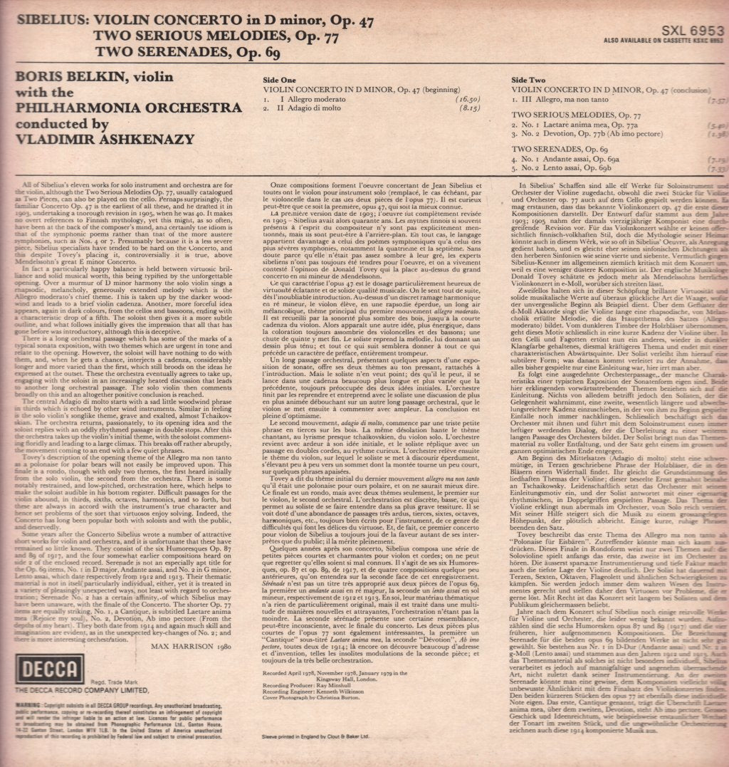 Boris Belkin / Vladimir Ashkenazy / Philharmonia Orch. - Sibelius Violin Concerto / Two Serious Melodies - Lp
