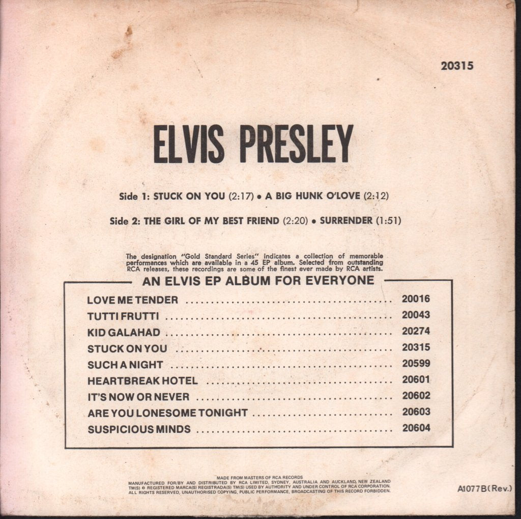 Elvis Presley - Stuck On You - 7 Inch