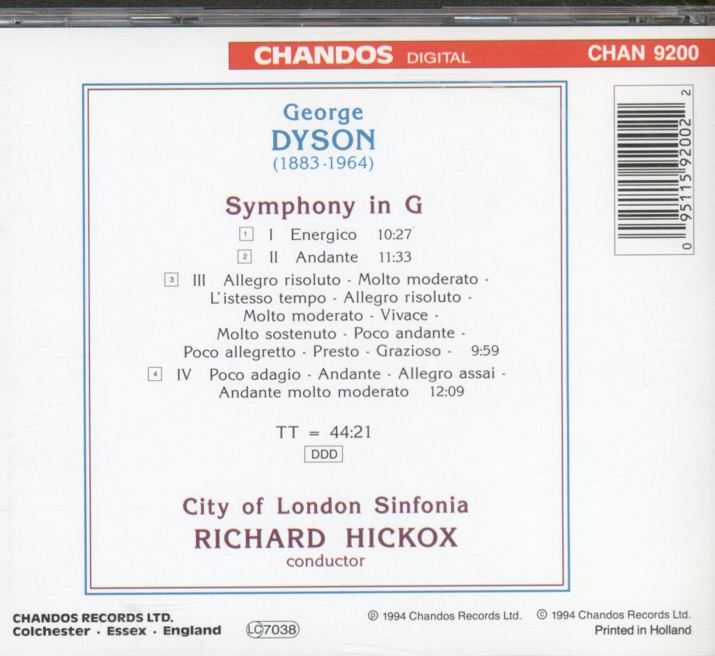 Richard Hickox / City Of London Sinfonia - Dyson Symphony In G (Premier Recording) - Cd