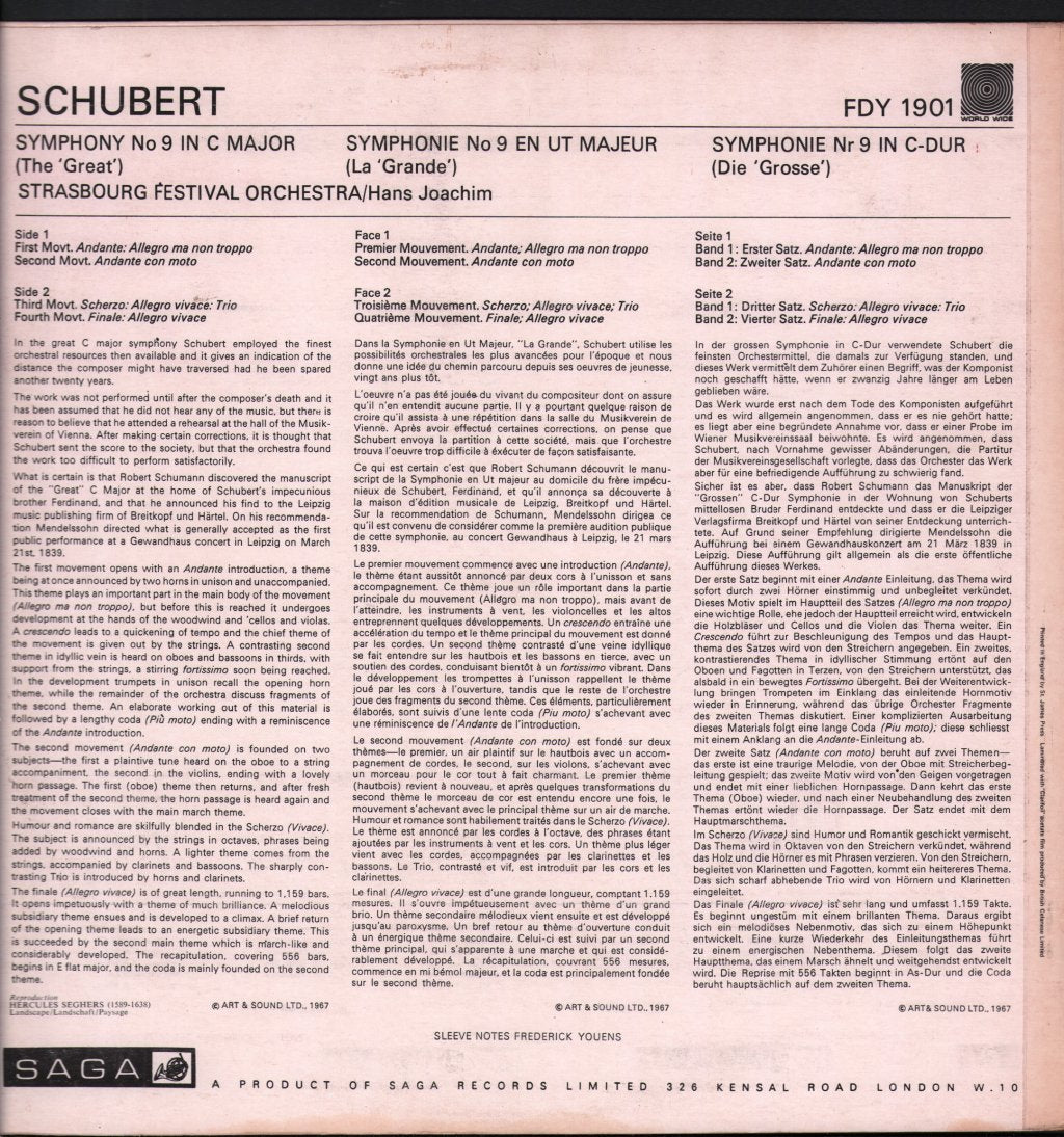 Strasbourg Festival Orchestra / Hans Joachim - Schubert - Symphony No9 The Great / La Grande / De Grosse - Lp