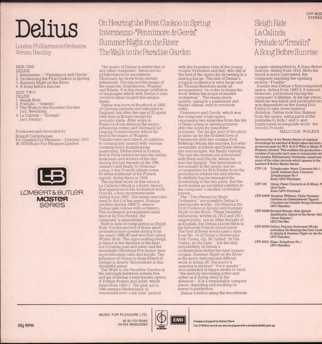 Vernon Handley / London Philharmonic Orchestra - Delius - On Hearing The First Cuckoo In Spring - Lp