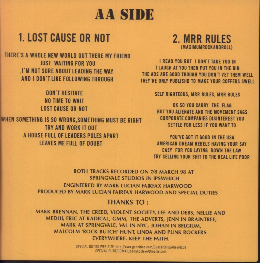 Special Duties / The Creed - Back To The Glory - 7 Inch
