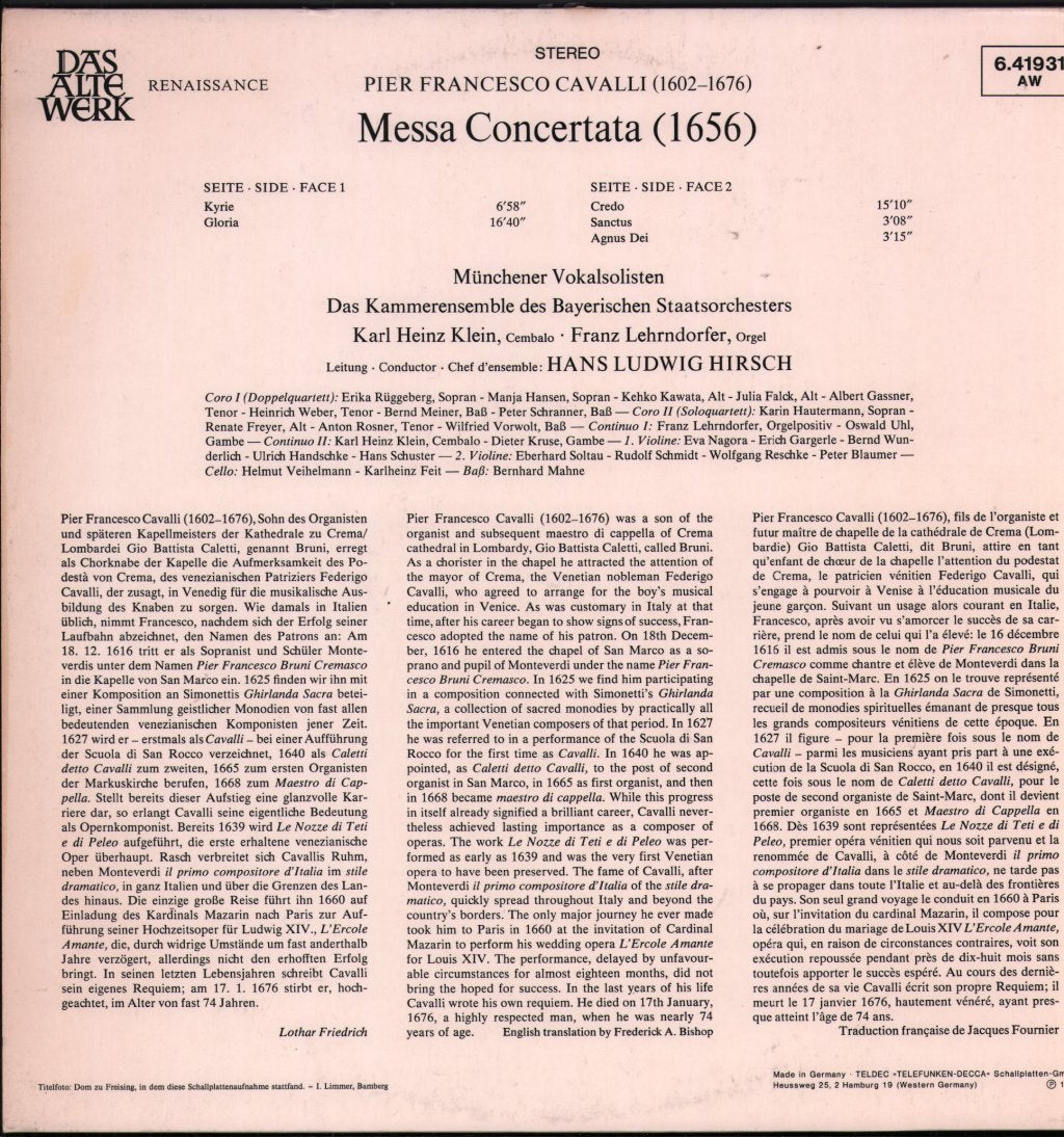 Hans Ludwig Hirsch / Das Kammerensemble Des Bayerischen Staatsorchesters - Pier Francesco Cavalli - Messa Concertata 1656 - Lp