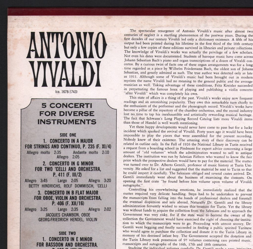 Chamber Orchestra Of The Saar / Karl Ristenpart - Antonio Vivaldi - 5 Concerti For Diverse Instruments - Lp