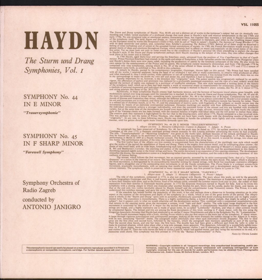 Antonio Janigro / Symphony Orchestra Of Radio Zagreb - Haydn - Sturm Und Drang Symphonies Volume 1 - Lp