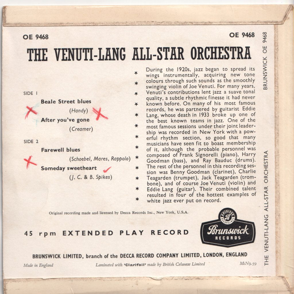 Venuti-Lang All-Star Orchestra - Venuti-Lang All-Star Orchestra - 7 Inch