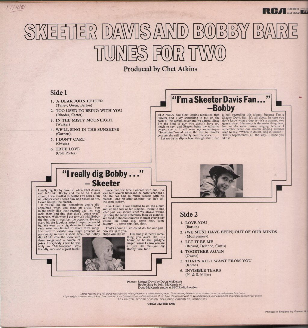 Skeeter Davis And Bobby Bare - Tunes For Two - Lp