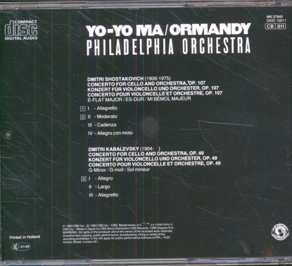 Yo-Yo Ma, Eugene Ormandy, Philadelphia Orchestra - Shostakovitch / Kabalevsky - Cello Concerto No. 1 / Cello Concerto No. 1 - Cd