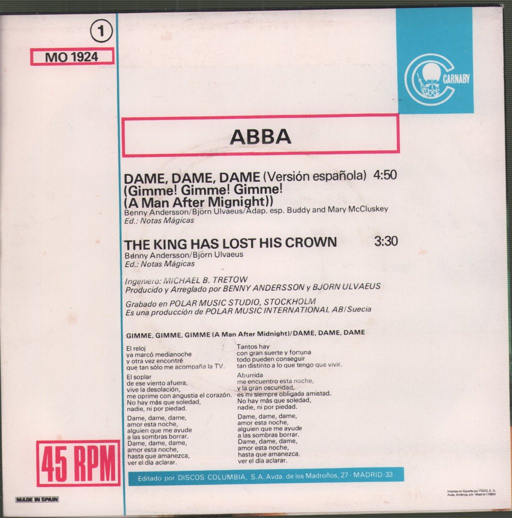 ABBA - Dame! Dame! Dame! = Gimme! Gimme! Gimme! (Cantado En Español) - 7 Inch