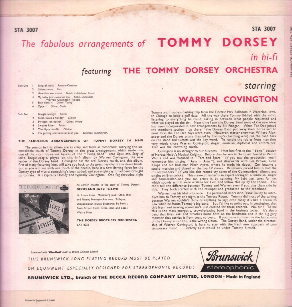 Tommy Dorsey Orchestra Starring Warren Covington - Fabulous Arrangements Of Tommy Dorsey In Hi-Fi - Lp