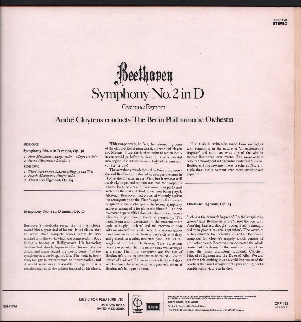 Andre Cluytens / Berlin Philharmonic Orchestra - Beethoven - Symphony No.2 In D / Overture: Egmont - Lp