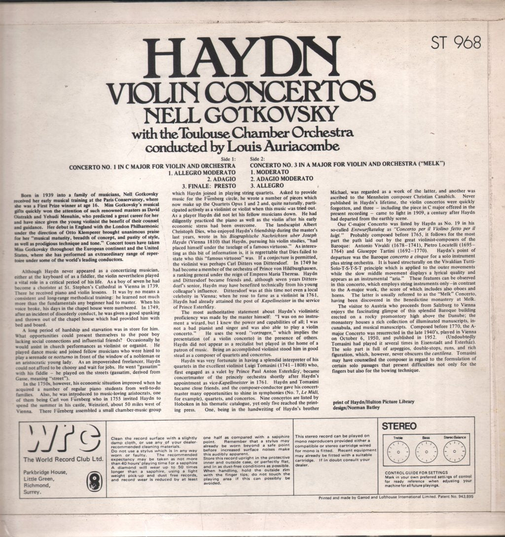Nell Gotkovsky / Toulouse Chamber Orchestra / Louis Auriacombe - Haydn Violin Concertos - Lp