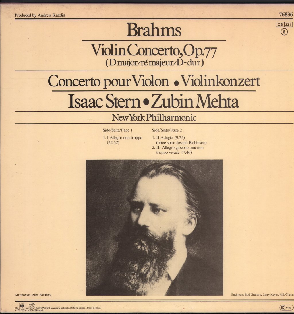 Isaac Stern / Zubin Mehta / New York Philharmonic - Brahms - Violin Concerto - Lp