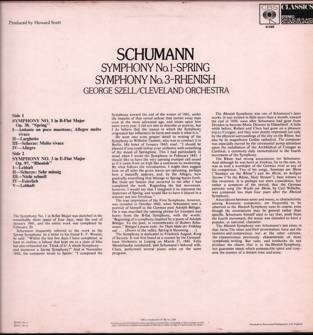 George Szell / Cleveland Orchestra - Schumann - Symphony No.1 / Symphony No.3 - Lp