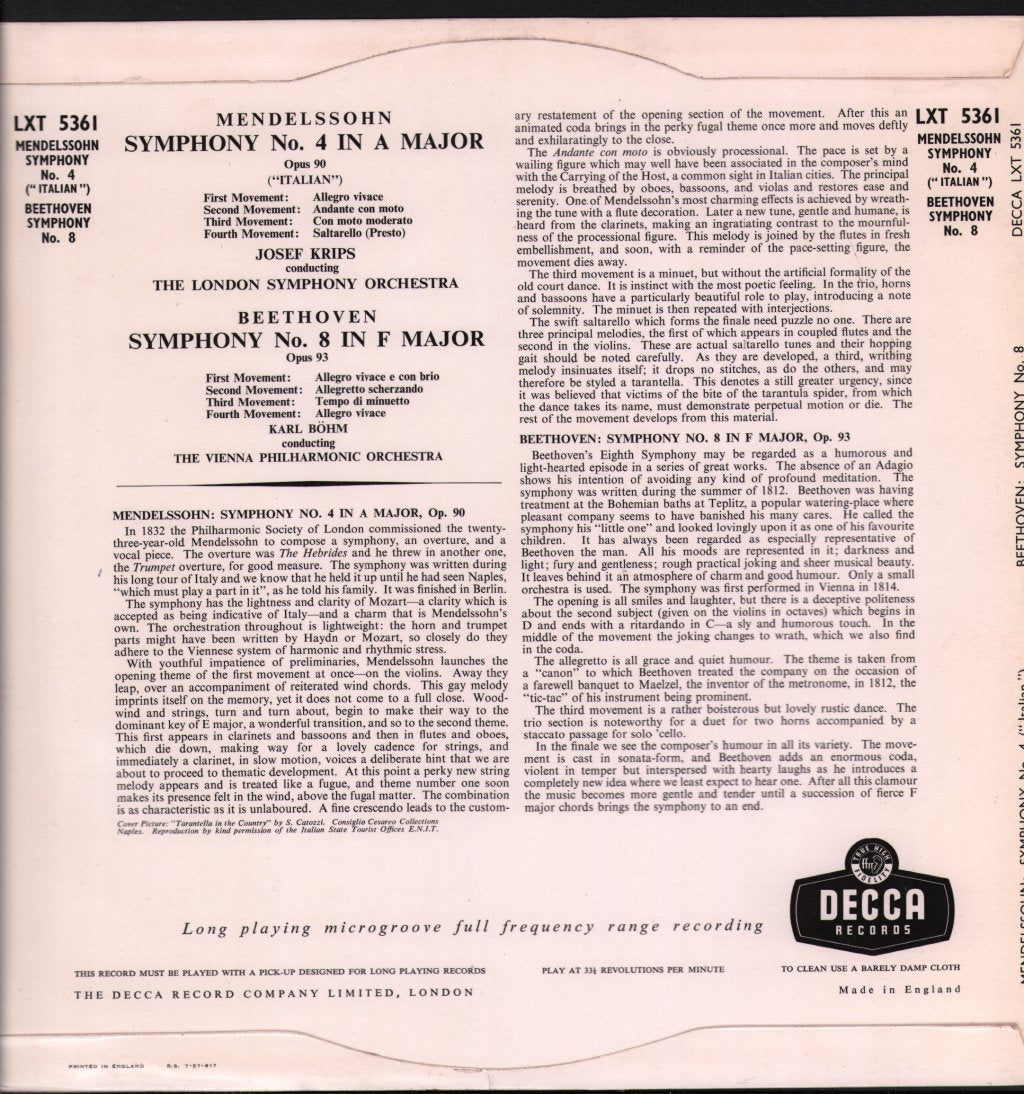 Josef Krips / London Symphony Orchestra / Karl Bohm  / Vienna Philharmonic Orchestra - Mendelssohn - Symphony No. 4 in A Major "Italian" / Beethoven - Symphony No. 8 in F Major - Lp