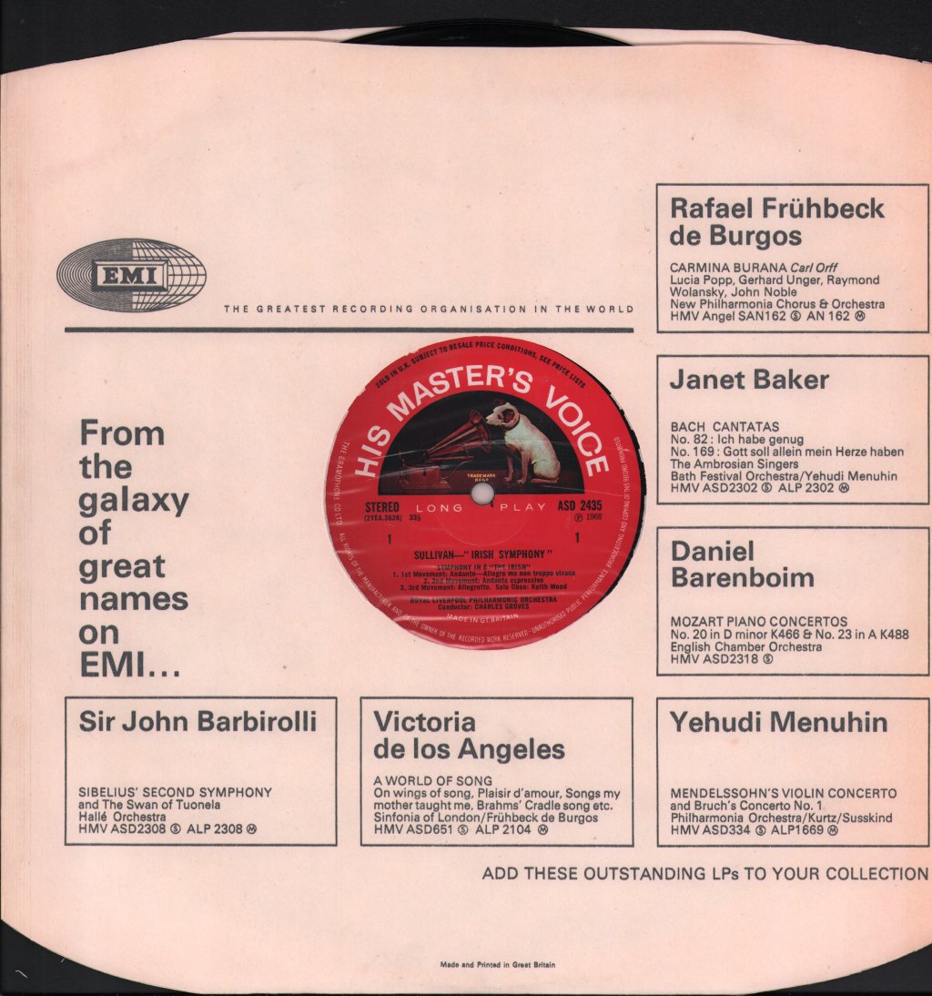 Charles Groves / Royal Liverpool Philharmonic Orchestra - Sullivan - Irish Symphony / Overture Di Ballo - Lp